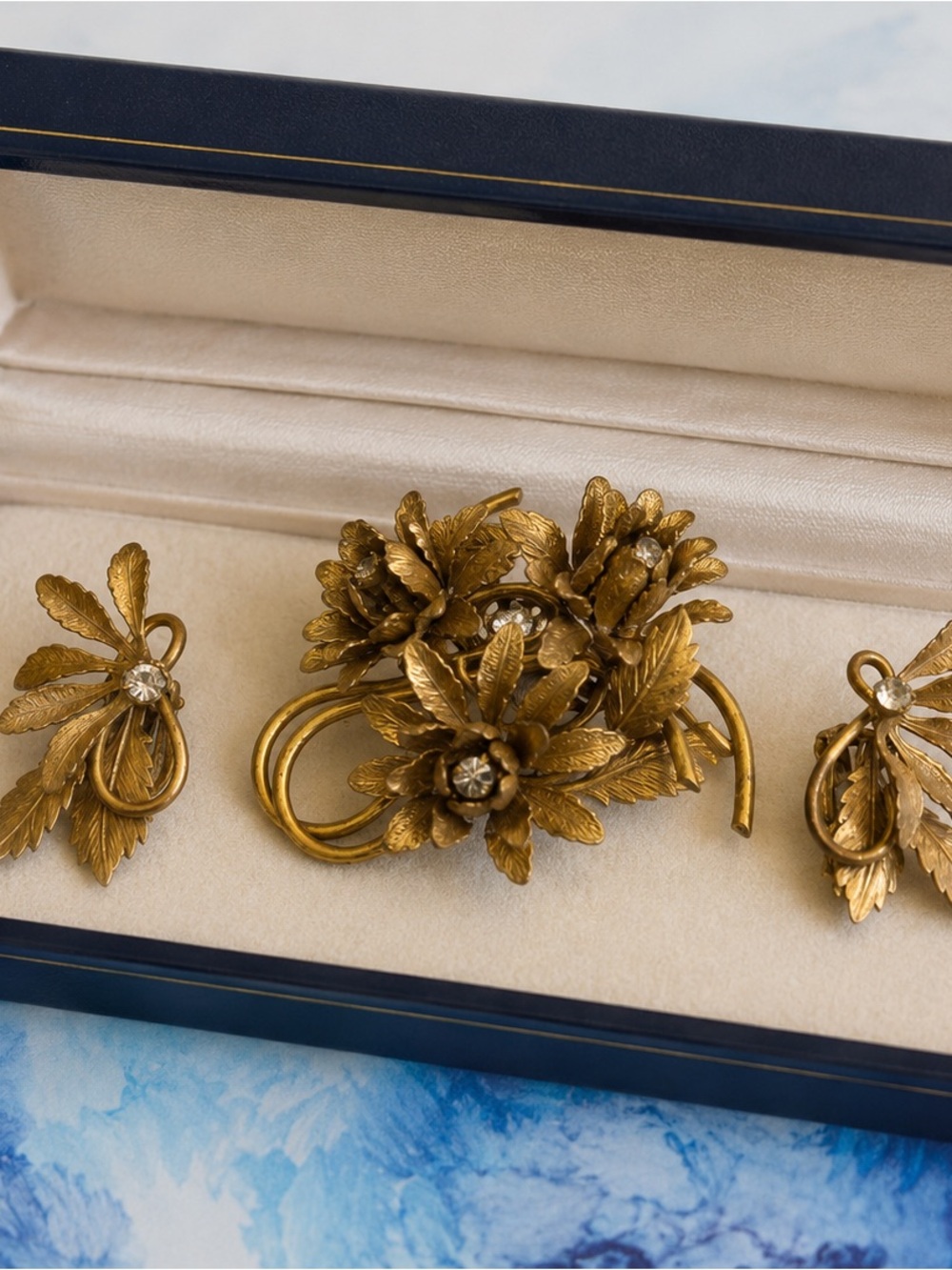 Unusual and Hard to Find Gold-Tone Floral, Rhinestone Brooch & Earrings Set